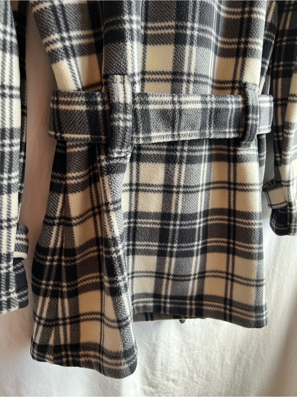 Lady Hathaway Plaid Coat Large Black White Belted Double Breasted Peacoat - Picture 9 of 9